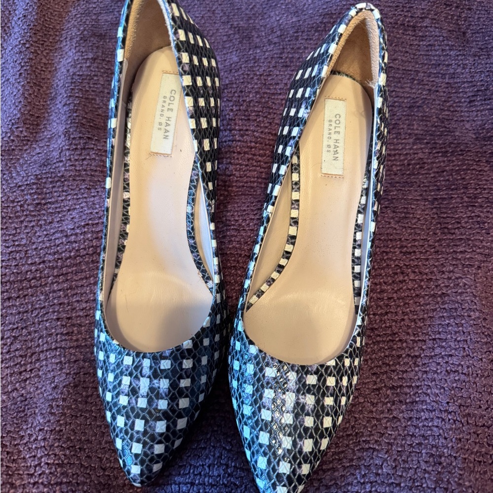NWOT - Cole Haan black and white pattern leather pumps. Pointed toe. Never worn.